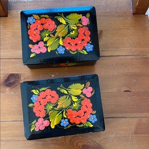 Handcrafted Floral Decorative Box - Black with Red and Green Accents